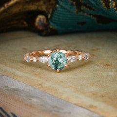 Round Cut Classic Moss Agate Engagement Ring Pave Promise Ring