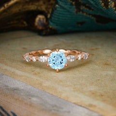 Round Cut Classic Aquamarine Engagement Ring Pave Promise Ring