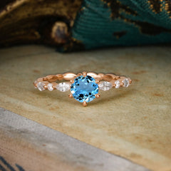 Round Cut Classic Aquamarine Engagement Ring Pave Promise Ring