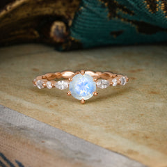 Round Cut Classic Natural Moonstone Engagement Ring Pave Promise Ring