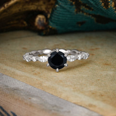Round Cut Classic Black Onyx Engagement Ring Pave Promise Ring