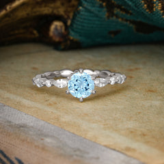 Round Cut Classic Aquamarine Engagement Ring Pave Promise Ring