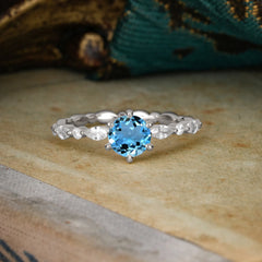 Round Cut Classic Aquamarine Engagement Ring Pave Promise Ring
