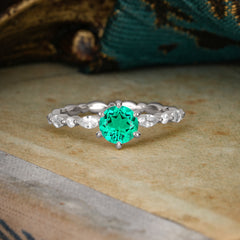 Round Cut Classic Emerald Engagement Ring Pave Promise Ring