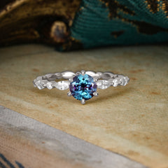 Round Cut Classic Alexandrite Engagement Ring Pave Promise Ring