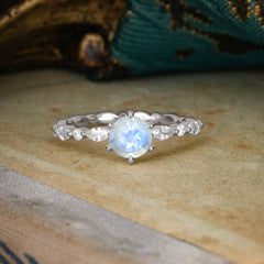 Round Cut Classic Natural Moonstone Engagement Ring Pave Promise Ring