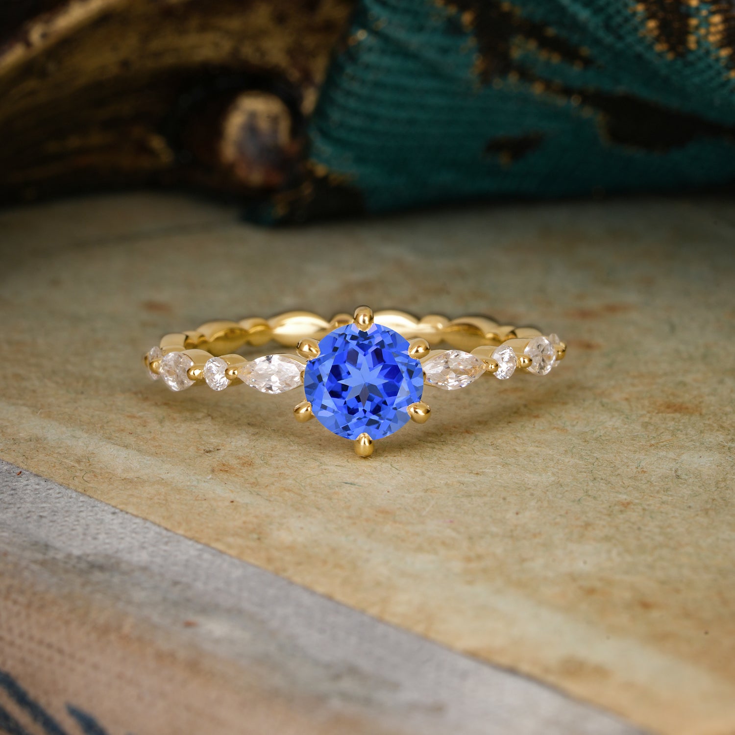 Round Cut Classic Side Stone Sapphire Promise Engagement Ring