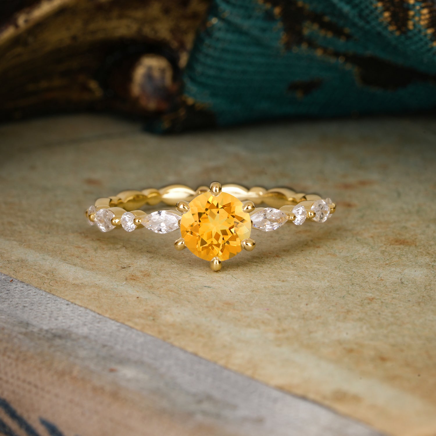 Round Cut Classic Side Stone Citrine Promise Engagement Ring
