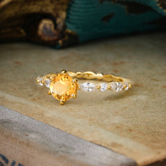 Round Cut Classic Citrine Engagement Ring Pave Promise Ring