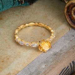 Round Cut Classic Citrine Engagement Ring Pave Promise Ring