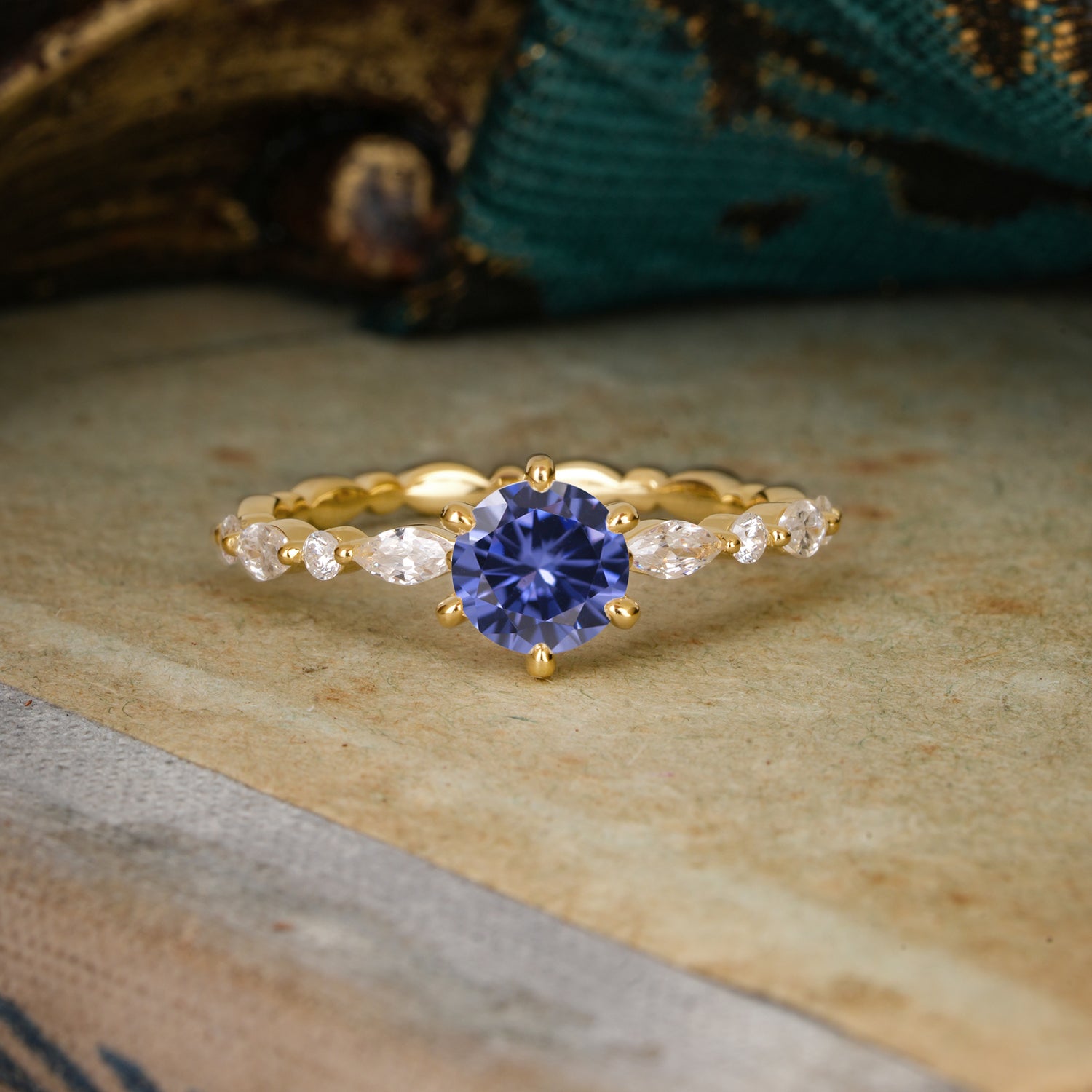 Round Cut Classic Side Stone Tanzanite Promise Engagement Ring