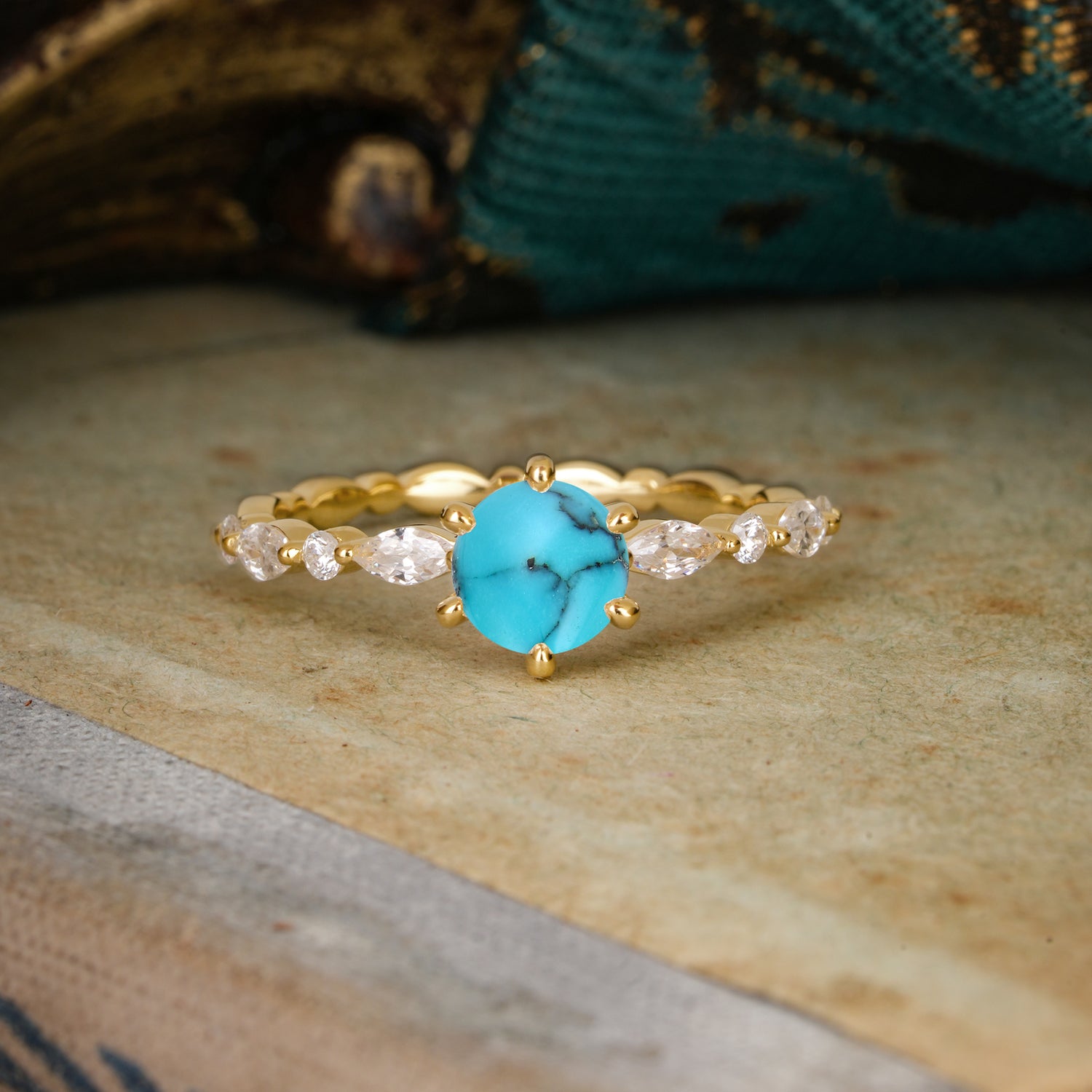 Round Cut Classic Side Stone Turquoise Promise Engagement Ring