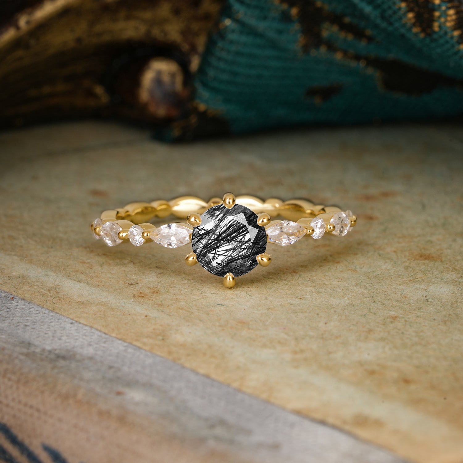 Round Cut Classic Side Stone Black Rutilated Quartz Promise Engagement Ring