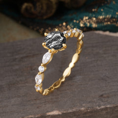 Round Cut Classic Black Rutilated Quartz Engagement Ring Pave Promise Ring