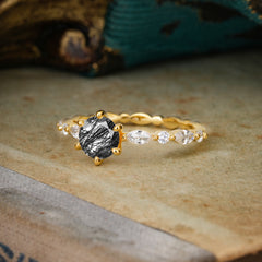 Round Cut Classic Black Rutilated Quartz Engagement Ring Pave Promise Ring