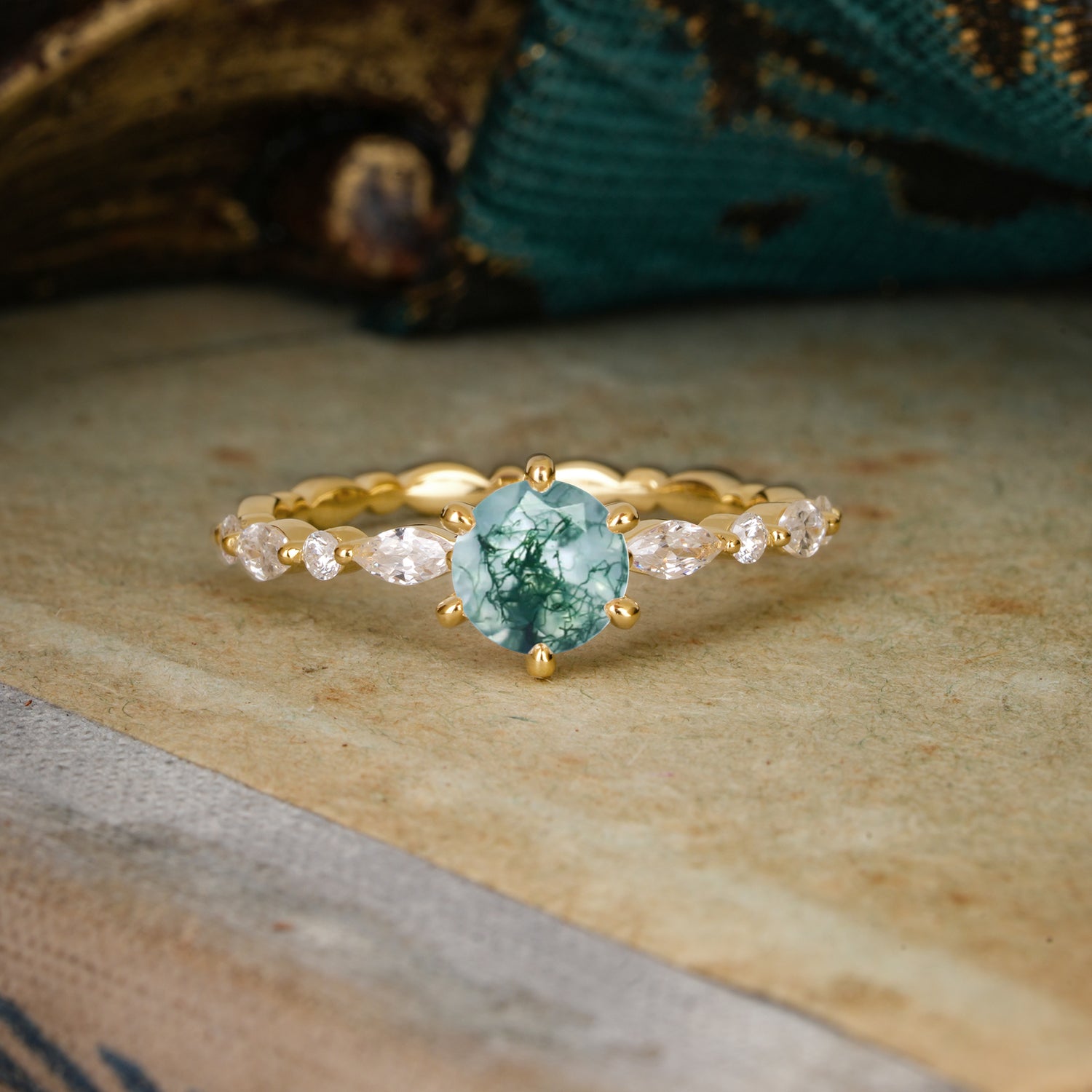 Round Cut Classic Side Stone Moss Agate Promise Engagement Ring