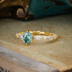 Round Cut Classic Moss Agate Engagement Ring Pave Promise Ring