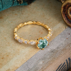Round Cut Classic Moss Agate Engagement Ring Pave Promise Ring