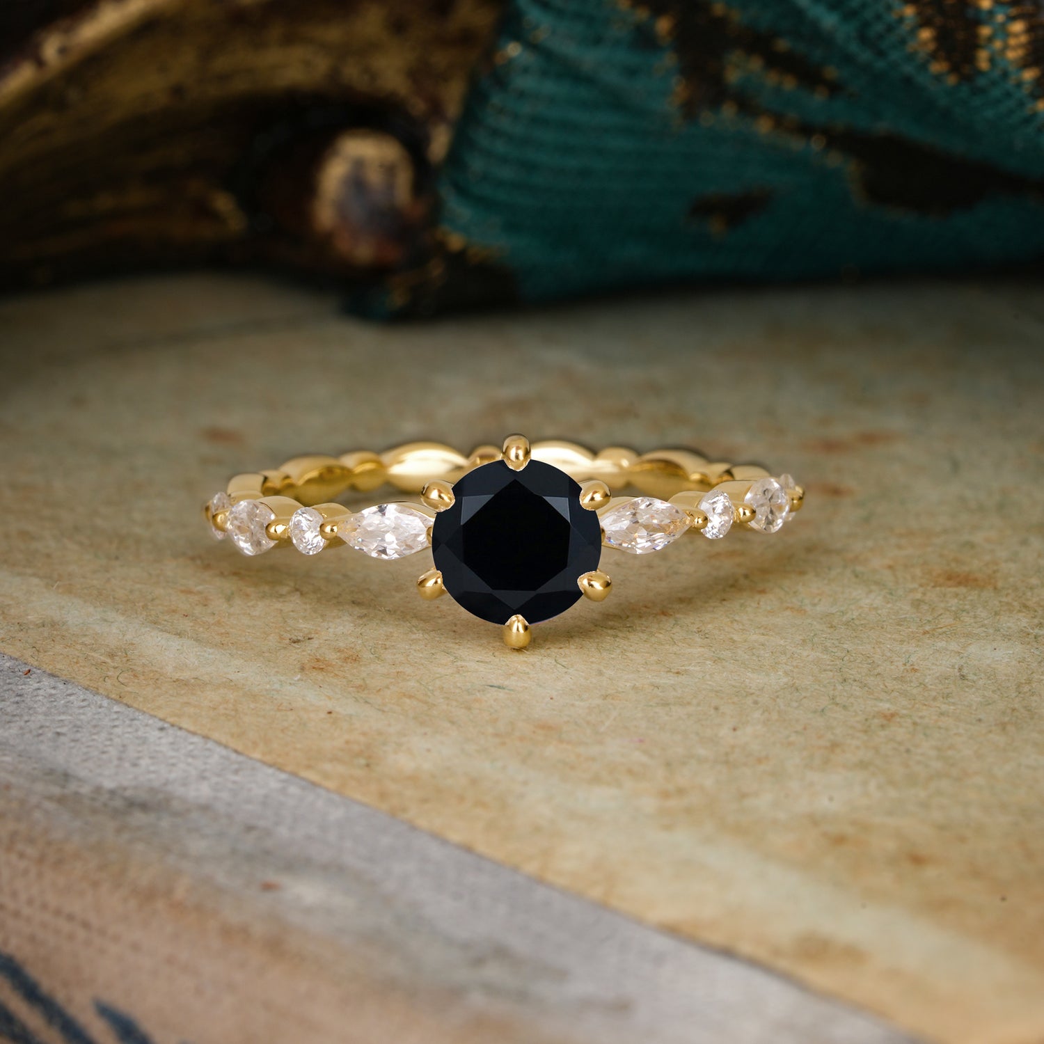 Round Cut Classic Side Stone Black Onyx Promise Engagement Ring