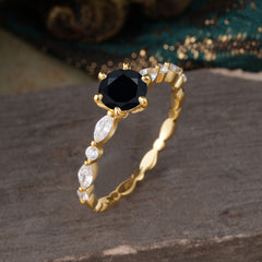 Round Cut Classic Black Onyx Engagement Ring Pave Promise Ring