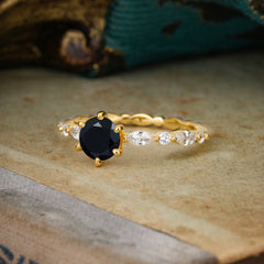 Round Cut Classic Black Onyx Engagement Ring Pave Promise Ring