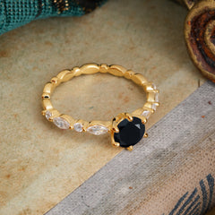 Round Cut Classic Black Onyx Engagement Ring Pave Promise Ring