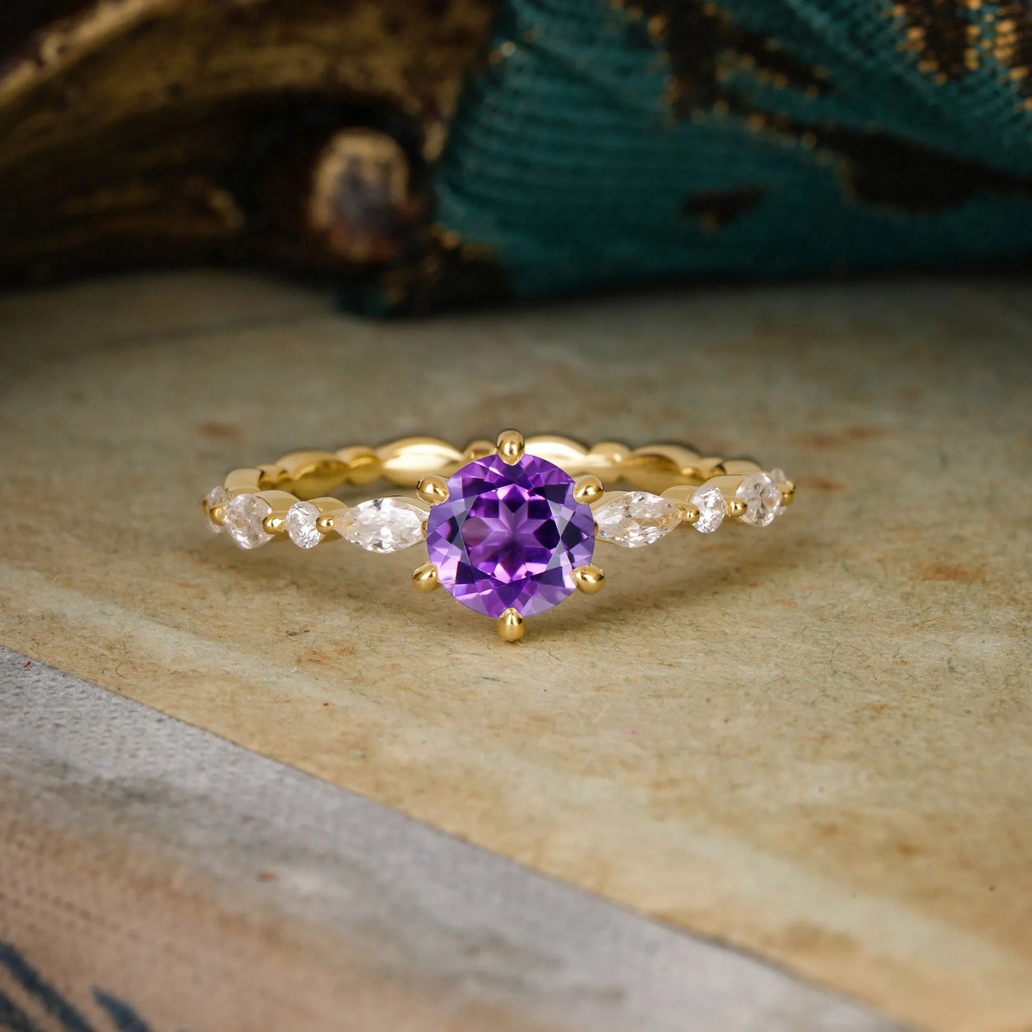 Round Cut Classic Side Stone Amethyst Promise Engagement Ring