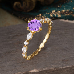 Round Cut Classic Amethyst Engagement Ring Pave Promise Ring