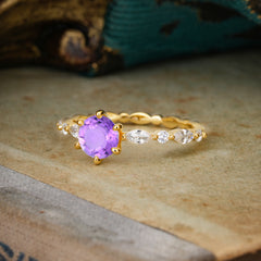 Round Cut Classic Amethyst Engagement Ring Pave Promise Ring