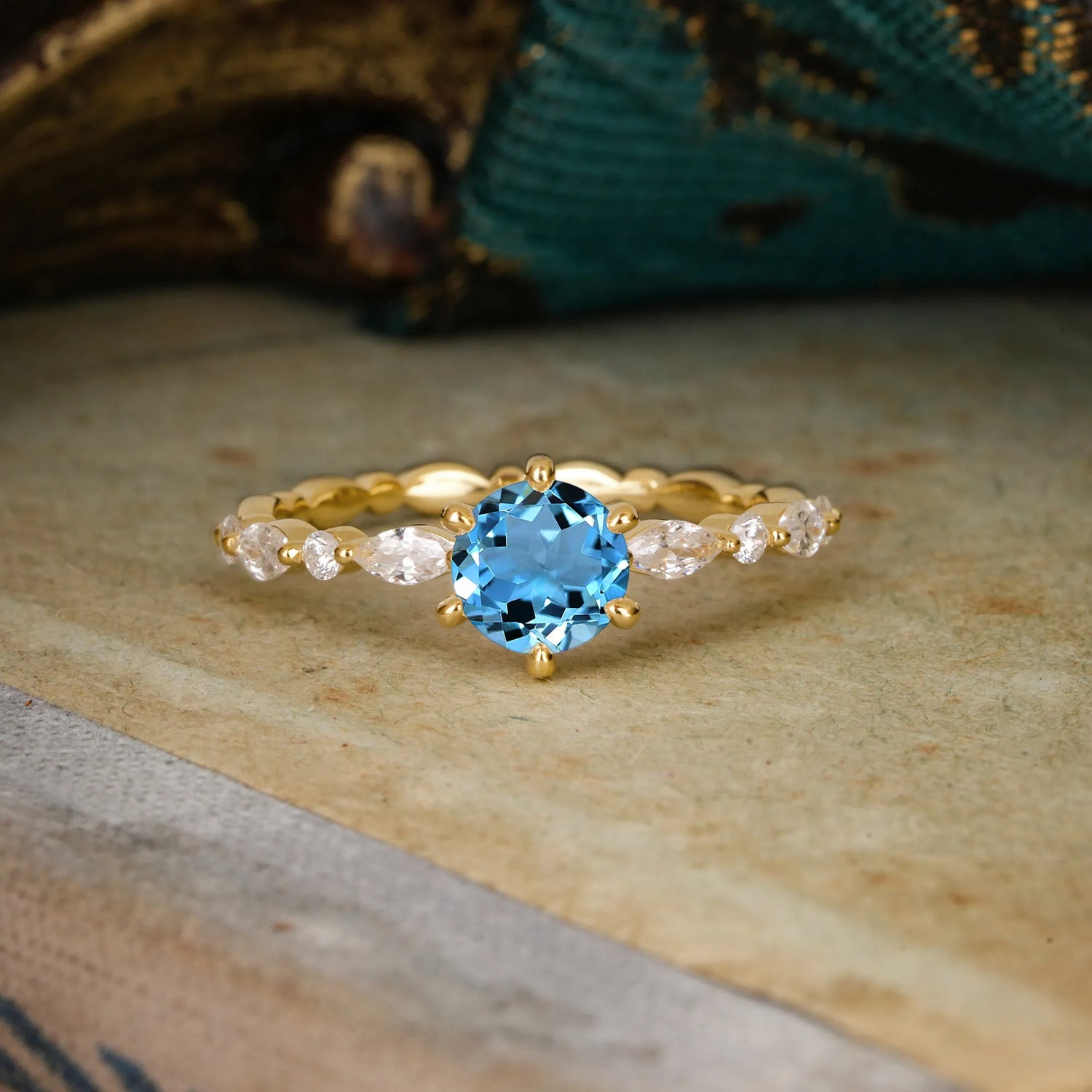 Round Cut Classic Side Stone Aquamarine Promise Engagement Ring