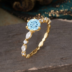Round Cut Classic Aquamarine Engagement Ring Pave Promise Ring