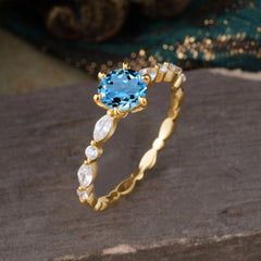 Round Cut Classic Aquamarine Engagement Ring Pave Promise Ring