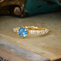 Round Cut Classic Aquamarine Engagement Ring Pave Promise Ring