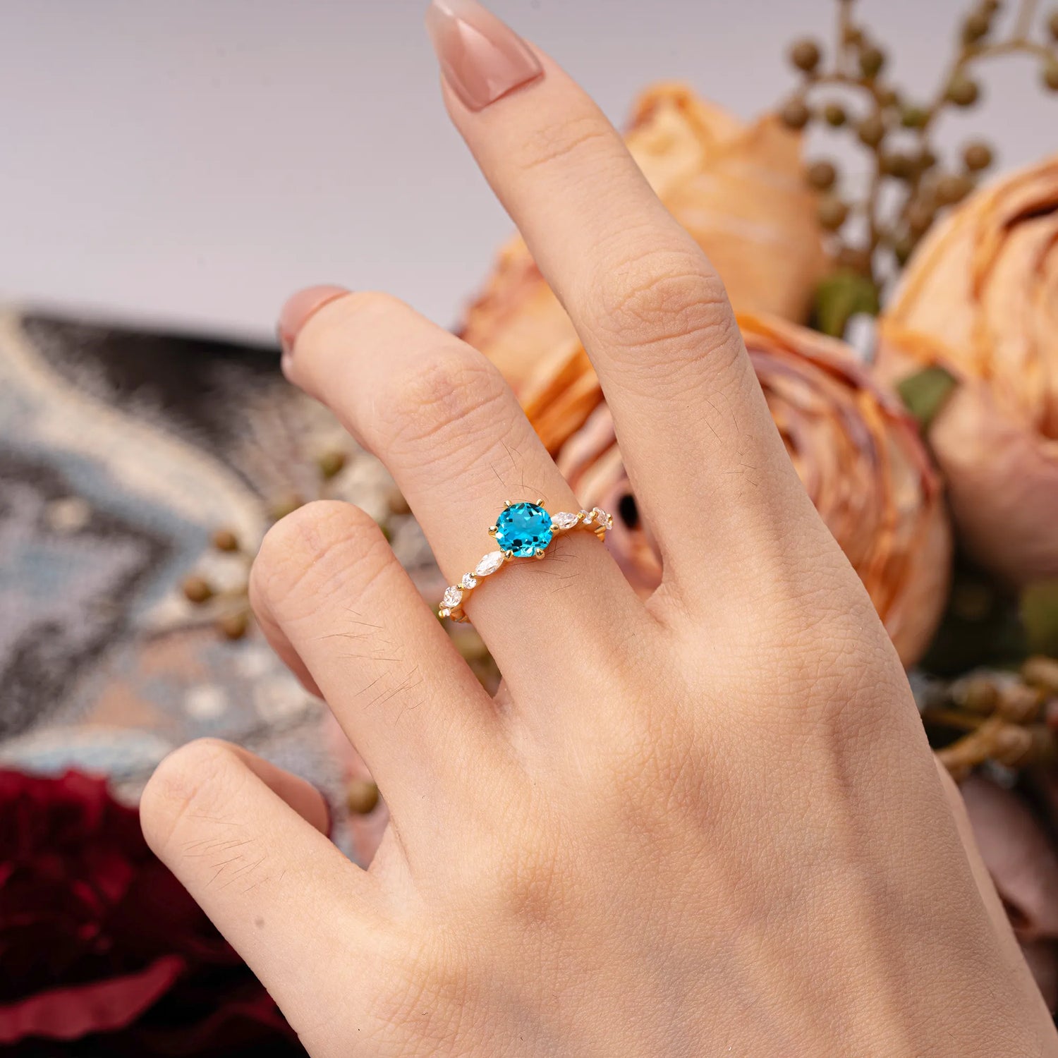 Round Cut Classic Side Stone Aquamarine Promise Engagement Ring