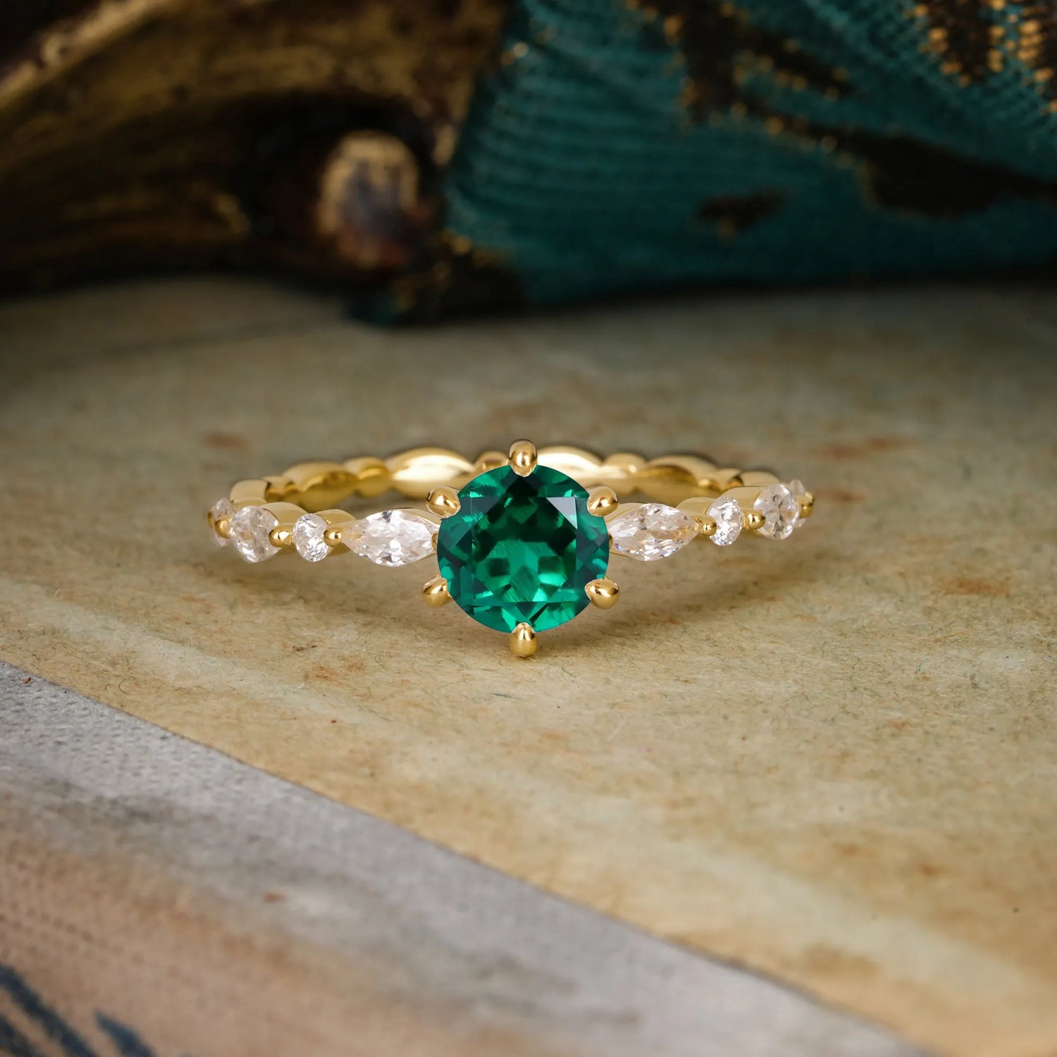 Round Cut Classic Side Stone Emerald Promise Engagement Ring