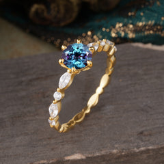 Round Cut Classic Alexandrite Engagement Ring Pave Promise Ring