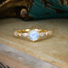 Round Cut Classic Natural Moonstone Engagement Ring Pave Promise Ring