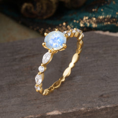 Round Cut Classic Natural Moonstone Engagement Ring Pave Promise Ring