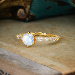 Round Cut Classic Natural Moonstone Engagement Ring Pave Promise Ring