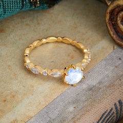Round Cut Classic Natural Moonstone Engagement Ring Pave Promise Ring