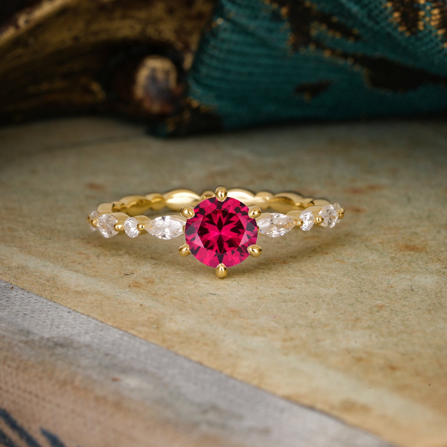 Round Cut Classic Side Stone Ruby Promise Engagement Ring