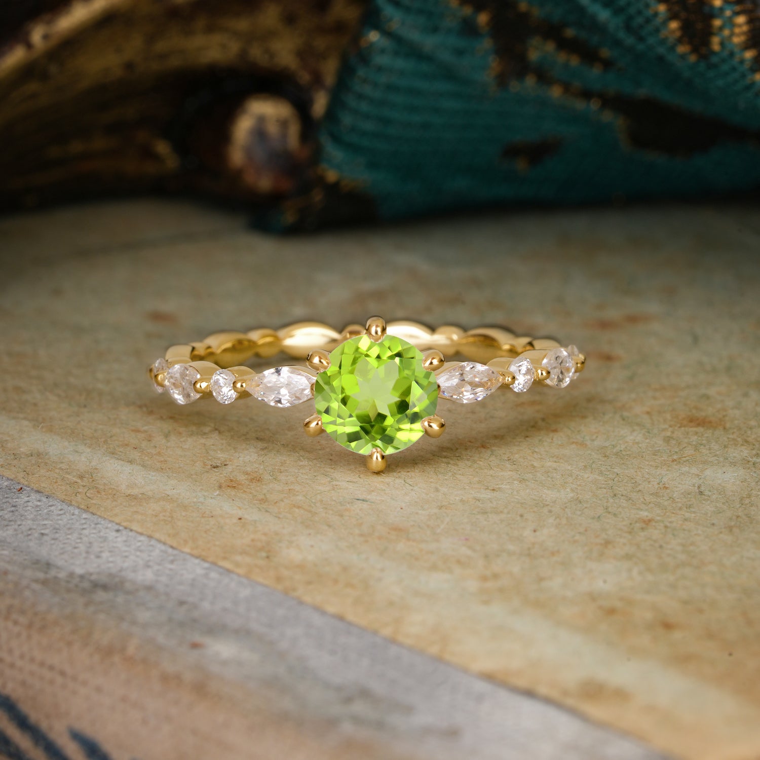 Round Cut Classic Side Stone Peridot Promise Engagement Ring