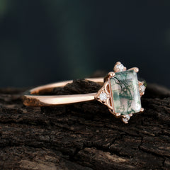 Emerald Cut 1 Carat Moss Agate Vintage Engagement Ring