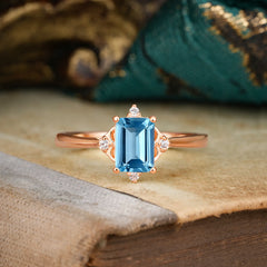 Vintage  Aquamarine Engagement Ring Emerald Cut Soft Blue Ring