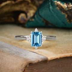 Vintage  Aquamarine Engagement Ring Emerald Cut Soft Blue Ring