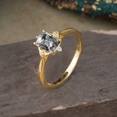 4 Prong Emerald Cut 1 Carat Vintage Black Rutilated Quartz Engagement Ring