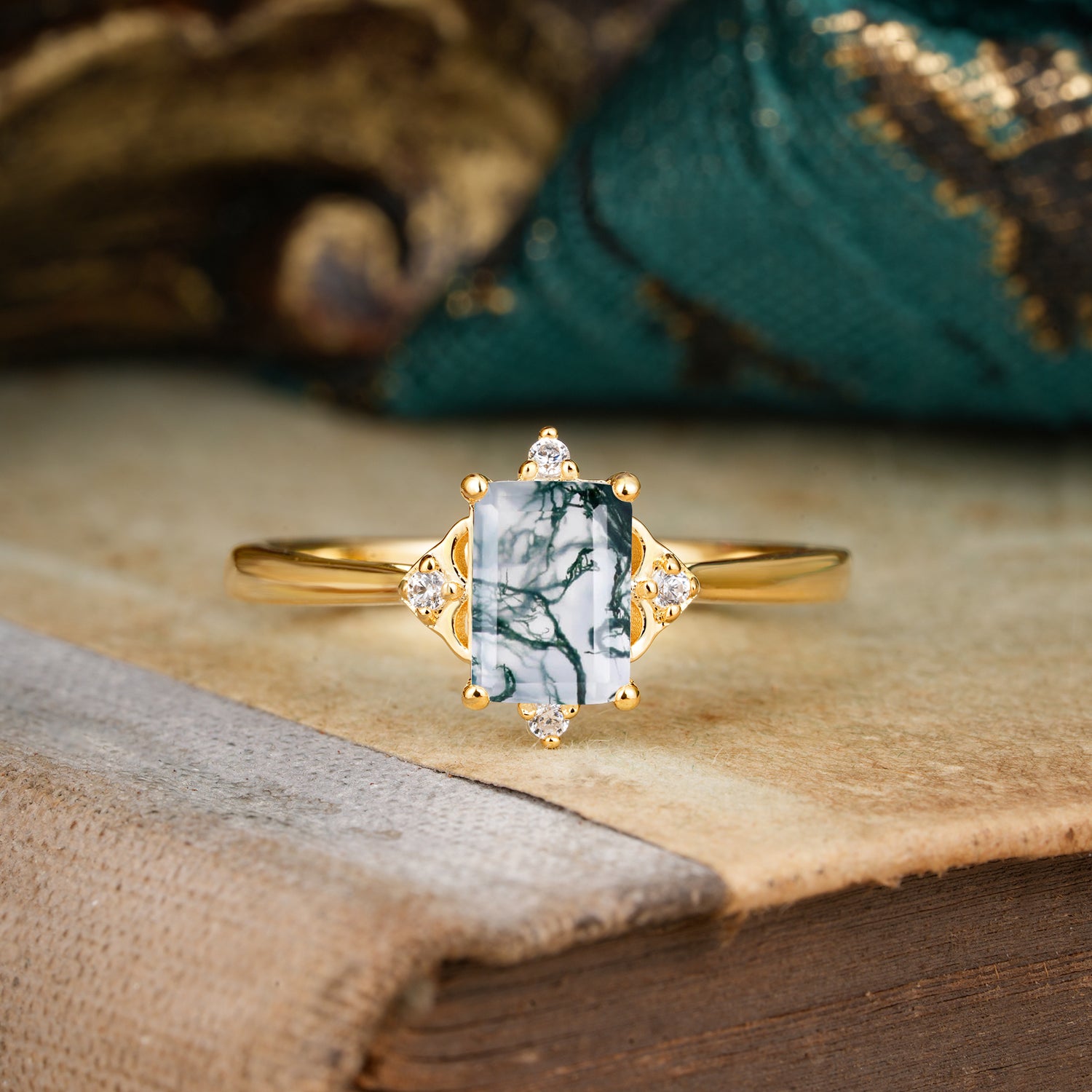 Vintage Emerald Cut Moss Agate Engagement Ring