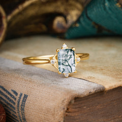 Vintage Emerald Cut Moss Agate Engagement Ring
