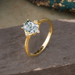 Vintage Emerald Cut Moss Agate Engagement Ring