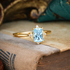 Vintage  Aquamarine Engagement Ring Emerald Cut Soft Blue Ring